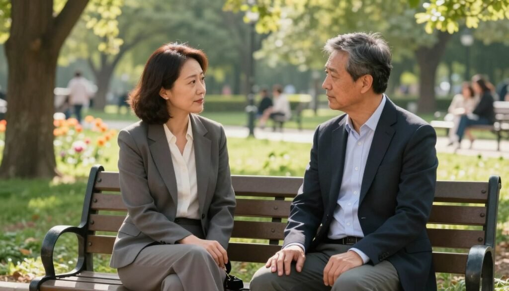 A serene, intimate setting depicting a couple seated on a park bench, engaged in a heartfelt conversation, symbolizing a relationship worth saving. The foreground features the couple dressed in professional business attire, reflecting maturity and commitment, with their expressions conveying deep thoughtfulness and connection. In the middle ground, lush greenery and soft blooms create a natural, inviting atmosphere, while gentle sunlight filters through the leaves, casting warm, dappled light on the scene. The background showcases a tranquil park with distant people enjoying their day, adding a sense of normalcy and community. The overall mood is contemplative yet hopeful, blending realistic elements with a touch of cartoon-style whimsy, creating a balance that emphasizes the theme of reflection and potential reconciliation in relationships.