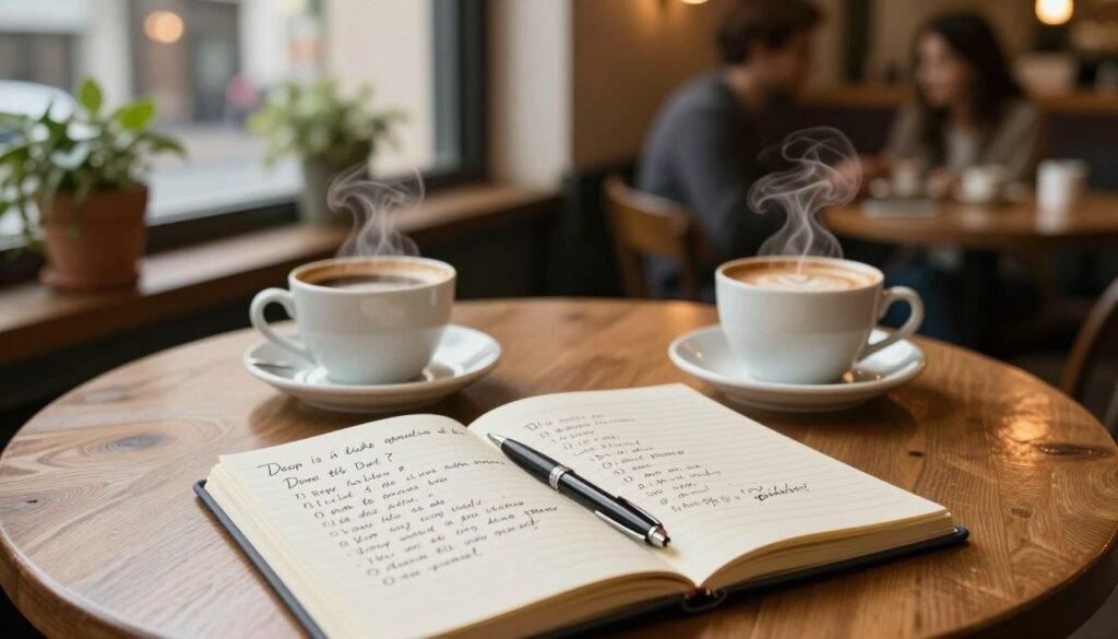 A cozy cafe setting for a first date, featuring a polished wooden table with two steaming cups of coffee. In the foreground, an elegant notebook rests open, displaying beautifully handwritten deep questions about life goals and aspirations, alongside a stylish pen. The middle ground shows a softly lit environment, with warm, inviting lights and a hint of greenery from potted plants lining the window. In the background, a blurred view of an intimate, softly lit ambiance, with couples engaged in quiet conversation. The scene is captured from a slightly elevated angle, enhancing the sense of belonging and openness. The lighting is warm and inviting, evoking a cozy, reflective mood conducive to meaningful conversations.