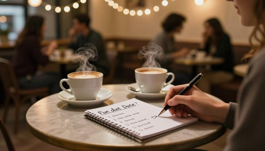 A cozy café setting for a first date, featuring a small, round table with two steaming cups of coffee and a notepad filled with fun first date questions. In the foreground, a hand holding a pen hovers over the notepad, ready to jot down answers. The middle ground showcases a romantic atmosphere with soft fairy lights strung overhead, casting a warm glow on the table. In the background, blurred silhouettes of other couples can be seen, enjoying their own conversations in an inviting environment. The lighting is warm and soft, creating an intimate mood, shot from a slightly elevated angle to capture both the table and the ambiance around. The overall atmosphere is friendly, hopeful, and engaging.