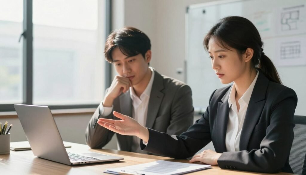 A serene office setting showcasing two professionals in a light-filled, modern workspace. In the foreground, a young woman dressed in smart business attire, her expression sincere and empathetic, subtly extending her hand in a gesture of apology. The middle ground features a young man, also in professional attire, his face reflecting understanding and contemplation as he listens intently. Soft natural light streams through large windows, casting gentle shadows that enhance the emotional weight of the moment. In the background, a whiteboard with a few strategy notes scribbled on it symbolizes the context of business interactions. The atmosphere is both calm and focused, conveying the importance of timing in delivering a heartfelt apology. The angle captures both subjects in a dynamic yet balanced composition, emphasizing their connection in this crucial moment of communication.