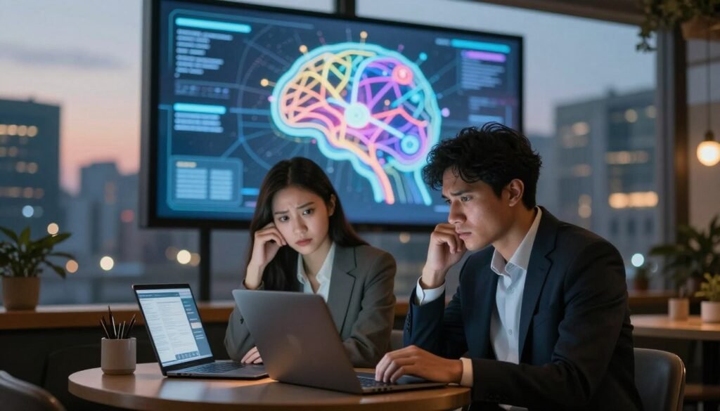 A split-scene image depicting the effects of AI on mental health and relationships. In the foreground, two diverse individuals in professional attire (a man and a woman) sit at a café table with their laptops open, showing an AI interface on the screens. Their facial expressions reflect a mix of curiosity and concern. In the middle ground, a large digital screen displays a vibrant visualization of neural connections, symbolizing AI's influence on emotions and thoughts. The background features a city skyline at dusk, with warm, glowing lights suggesting a blend of technology and humanity. Soft, diffused lighting enhances a thoughtful, introspective mood, creating a sense of balance between connection and isolation in the modern age.