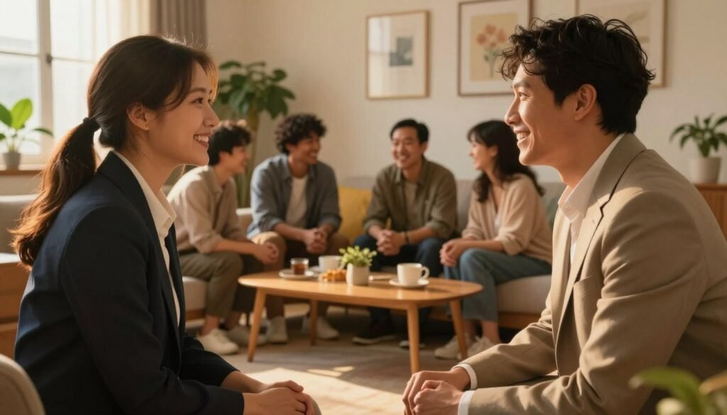 A serene and warm scene depicting nurturing relationships among diverse individuals. In the foreground, two people in professional business attire are engaged in a heartfelt conversation, smiling and leaning slightly towards each other, suggesting empathy and connection. In the middle ground, a small group is gathered around a coffee table, sharing a laugh and enjoying each other's company, showcasing the joy of friendship. The background features a softly lit cozy room with plants and artwork, creating an inviting atmosphere. The lighting is warm and soft, reminiscent of golden hour, casting gentle shadows that enhance the sense of intimacy. The overall mood is uplifting and supportive, emphasizing the importance of nurturing relationships in various forms.