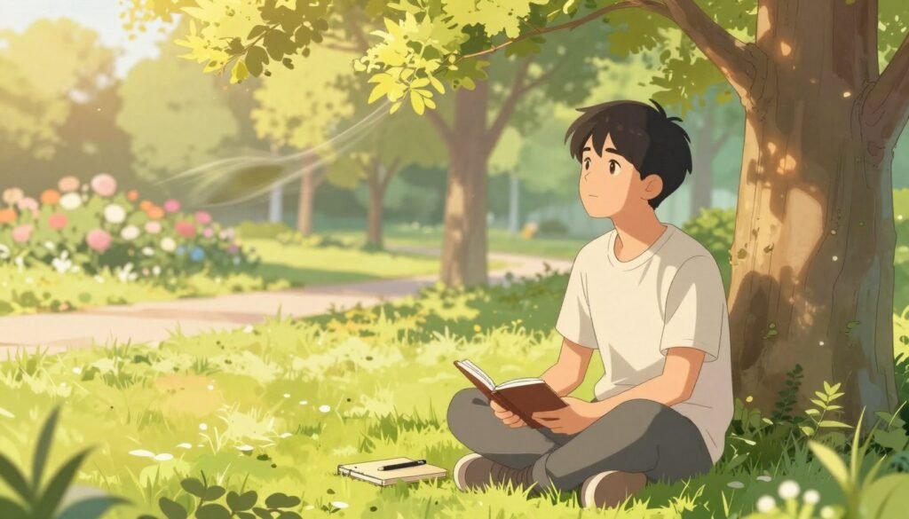 A serene scene depicting a young adult in a sunlit park, sitting cross-legged on a soft patch of grass. The foreground features a journal and a pen beside them, suggesting self-reflection. The individual, dressed in modest casual clothing, gazes thoughtfully into the distance, symbolizing introspection and healing. In the middle, a gentle breeze rustles the leaves of nearby trees, creating an atmosphere of tranquility. The background reveals a softly blurred landscape of blooming flowers and a peaceful pathway, indicating new beginnings and personal growth. Warm golden-hour lighting bathes the scene, enhancing the emotional depth and sense of hope, inviting viewers to connect with the theme of rediscovering oneself after lost love. A serene scene depicting a young adult in a sunlit park, sitting cross-legged on a soft patch of grass. The foreground features a journal and a pen beside them, suggesting self-reflection. The individual, dressed in modest casual clothing, gazes thoughtfully into the distance, symbolizing introspection and healing. In the middle, a gentle breeze rustles the leaves of nearby trees, creating an atmosphere of tranquility. The background reveals a softly blurred landscape of blooming flowers and a peaceful pathway, indicating new beginnings and personal growth. Warm golden-hour lighting bathes the scene, enhancing the emotional depth and sense of hope, inviting viewers to connect with the theme of rediscovering oneself after lost love.
