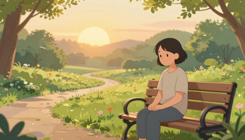 A serene scene depicting the emotional healing process, showing a person sitting alone on a wooden bench in a tranquil park. In the foreground, the individual, dressed in modest casual clothing, reflects with a gentle expression. The middle layer features soft greenery and blooming flowers, symbolizing renewal and growth, while a path leading into the distance signifies the journey of healing. In the background, a warm golden sunset casts soft light, creating a peaceful atmosphere. A slight breeze rustles the leaves, enhancing the serene mood. The image should evoke feelings of introspection, solitude, and hope, with a shallow depth of field to focus on the subject while softly blurring the surroundings. A serene scene depicting the emotional healing process, showing a person sitting alone on a wooden bench in a tranquil park. In the foreground, the individual, dressed in modest casual clothing, reflects with a gentle expression. The middle layer features soft greenery and blooming flowers, symbolizing renewal and growth, while a path leading into the distance signifies the journey of healing. In the background, a warm golden sunset casts soft light, creating a peaceful atmosphere. A slight breeze rustles the leaves, enhancing the serene mood. The image should evoke feelings of introspection, solitude, and hope, with a shallow depth of field to focus on the subject while softly blurring the surroundings.