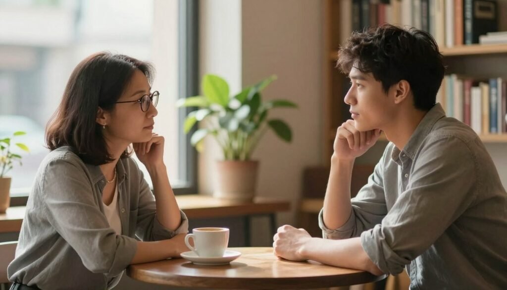 A warm, inviting scene depicting two diverse individuals engaged in a thoughtful conversation, showcasing emotional intelligence in relationships. In the foreground, a middle-aged woman with glasses and a young man with short hair sit at a small round table, their expressions focused and empathetic. Soft natural light filters in from a nearby window, creating a gentle glow that highlights their facial expressions. In the middle ground, a potted plant and a coffee cup add warmth to the environment, suggesting a cozy café setting. The background features a blurred view of bookshelves, symbolizing knowledge and growth. The overall mood is relaxed and constructive, emphasizing connection and understanding, perfect for illustrating the enhancement of emotional intelligence.