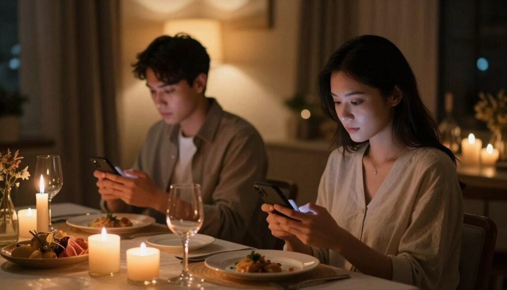A couple sitting at a beautifully set dining table in a cozy, softly lit room, both absorbed in their smartphones, conveying a deep sense of distance despite their proximity. The foreground features elegantly laid dinnerware and flickering candles, symbolizing intimacy. In the middle ground, the couple appears engaged with their devices, their expressions detached, illustrating the paradox of loneliness. The background reveals a warmly decorated room with dimmed lights, emphasizing a feeling of disconnection in a seemingly happy setting. The overall mood is reflective and poignant, with a shallow depth of field focusing on the couple while the rest of the room blurs slightly, enhancing the sense of isolation. Use warm, inviting lighting that contrasts with the loneliness portrayed. A couple sitting at a beautifully set dining table in a cozy, softly lit room, both absorbed in their smartphones, conveying a deep sense of distance despite their proximity. The foreground features elegantly laid dinnerware and flickering candles, symbolizing intimacy. In the middle ground, the couple appears engaged with their devices, their expressions detached, illustrating the paradox of loneliness. The background reveals a warmly decorated room with dimmed lights, emphasizing a feeling of disconnection in a seemingly happy setting. The overall mood is reflective and poignant, with a shallow depth of field focusing on the couple while the rest of the room blurs slightly, enhancing the sense of isolation. Use warm, inviting lighting that contrasts with the loneliness portrayed.
