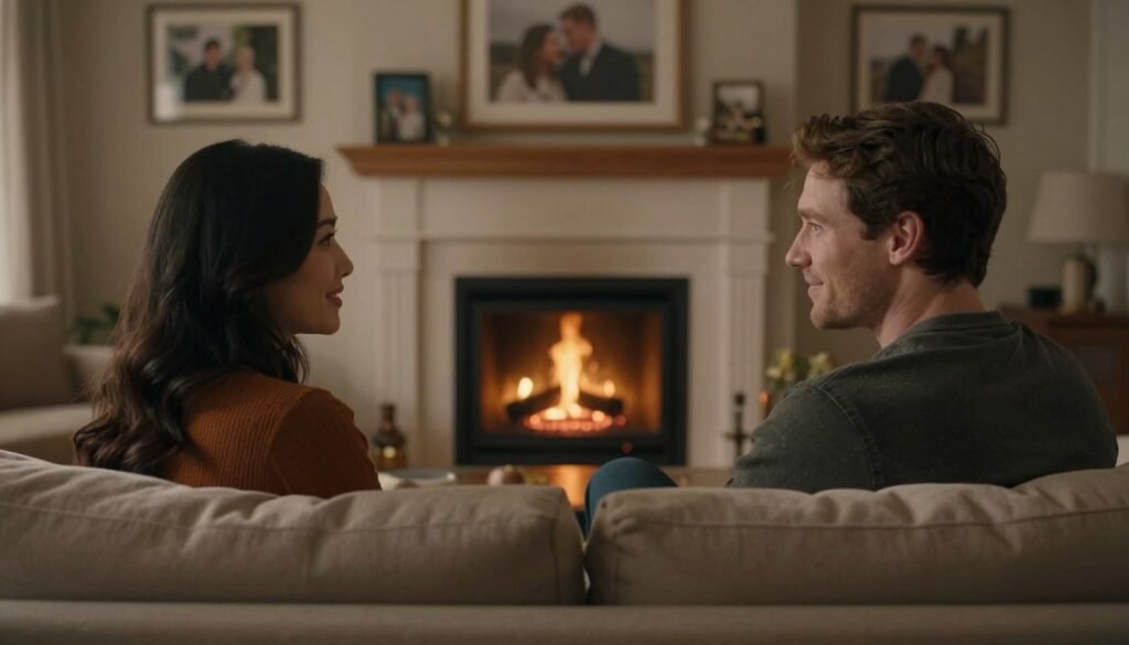 A cozy, intimate scene set in a warmly lit living room. In the foreground, a couple of diverse descent (one Asian, one Caucasian) sits together on a plush sofa, engaged in a heartfelt conversation. They are both dressed in stylish yet modest casual clothing, exuding warmth and connection. The woman smiles softly, her hair done elegantly, showcasing her effort to allure her partner. In the middle of the background, a flickering fireplace casts a soft glow, enhancing the romantic, inviting atmosphere. On the walls hang framed memories of their life together, contributing to a sense of shared history and commitment. The overall mood is one of reflection and rekindling, with gentle soft focus to emphasize the emotional bond they share. A cozy, intimate scene set in a warmly lit living room. In the foreground, a couple of diverse descent (one Asian, one Caucasian) sits together on a plush sofa, engaged in a heartfelt conversation. They are both dressed in stylish yet modest casual clothing, exuding warmth and connection. The woman smiles softly, her hair done elegantly, showcasing her effort to allure her partner. In the middle of the background, a flickering fireplace casts a soft glow, enhancing the romantic, inviting atmosphere. On the walls hang framed memories of their life together, contributing to a sense of shared history and commitment. The overall mood is one of reflection and rekindling, with gentle soft focus to emphasize the emotional bond they share.