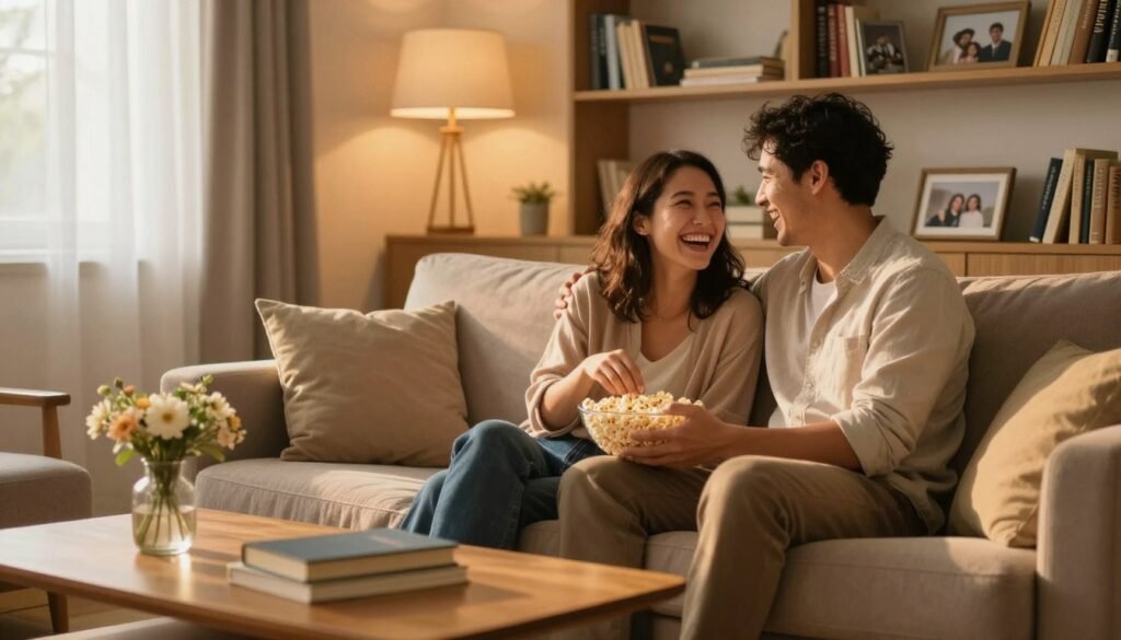 A cozy living room scene featuring a couple enjoying quality time together. In the foreground, the couple sits comfortably on a plush sofa, laughing and sharing a bowl of popcorn, both dressed in casual but neat clothing. The middle ground showcases a warm coffee table adorned with books and a small vase of fresh flowers, suggesting intimacy and connection. In the background, softly lit shelves filled with books and family photos create a homely atmosphere. Natural light filters through sheer curtains, casting a golden glow across the room, enhancing the feeling of warmth and togetherness. Capture the essence of joy and connection in this intimate setting.