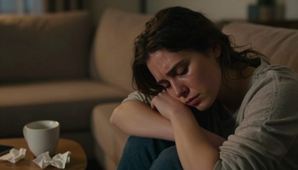 A person sits alone on a soft, plush couch in a dimly lit living room, their head resting against their hand, eyes closed, embodying a sense of emotional exhaustion. The foreground features a close-up of their weary expression, a faint sheen of sweat on their brow, and a subtle furrow in their brow, reflecting the heaviness of a difficult conversation. In the middle ground, an empty coffee cup and a few crumpled tissues sit on a small table nearby, hinting at the emotional turmoil. The background subtly fades into shadows, with soft, warm lighting casting gentle highlights, creating a cozy yet somber atmosphere. The lens captures this scene at eye level, emphasizing the person's vulnerability and the weight of their feelings. Aim for a mood that evokes empathy and understanding of emotional fatigue.