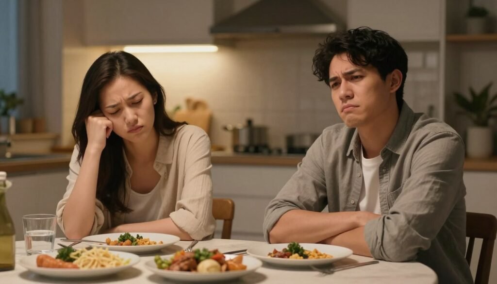 A scene depicting a couple sitting at a dining table during an evening meal, both looking frustrated and annoyed. In the foreground, the woman is rolling her eyes, her posture tense, while the man has a furrowed brow, leaning back in his chair with arms crossed. In the middle ground, a beautifully set table with a half-finished meal, emphasizing the contrast of the couple's emotional state against the serene environment. The background features a softly lit kitchen with warm lighting, creating an intimate yet uncomfortable atmosphere. Use a slight depth-of-field effect to focus on the couple's expressions while softly blurring the background, conveying a sense of tension and irritation in this domestic setting. A scene depicting a couple sitting at a dining table during an evening meal, both looking frustrated and annoyed. In the foreground, the woman is rolling her eyes, her posture tense, while the man has a furrowed brow, leaning back in his chair with arms crossed. In the middle ground, a beautifully set table with a half-finished meal, emphasizing the contrast of the couple's emotional state against the serene environment. The background features a softly lit kitchen with warm lighting, creating an intimate yet uncomfortable atmosphere. Use a slight depth-of-field effect to focus on the couple's expressions while softly blurring the background, conveying a sense of tension and irritation in this domestic setting.