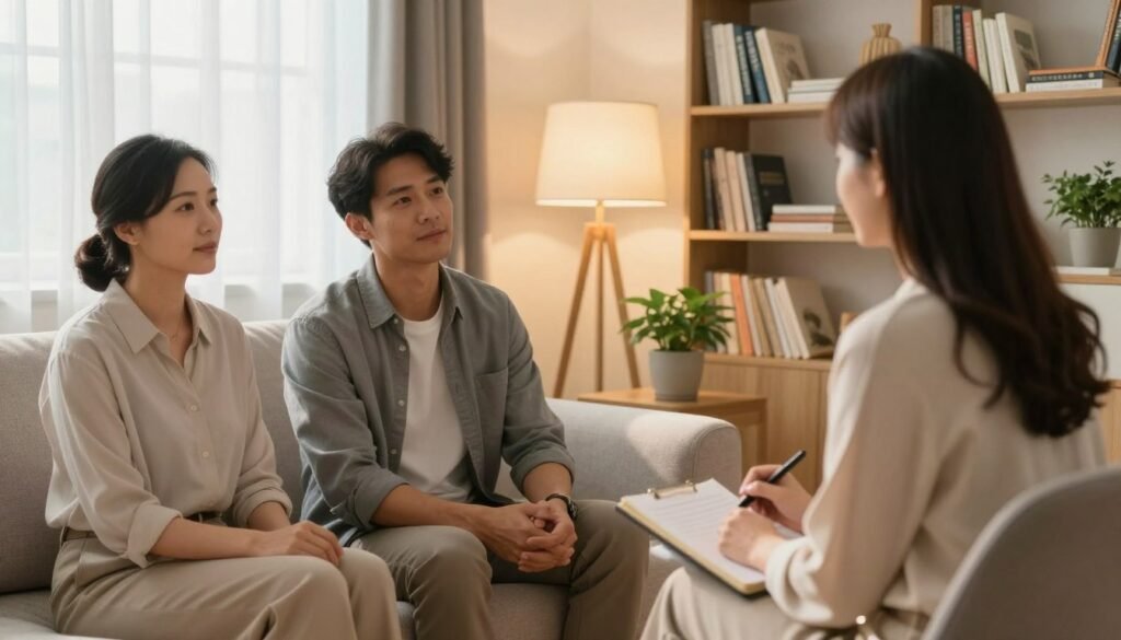 A serene couples therapy session in a warmly lit, comfortable office setting. In the foreground, a diverse couple, dressed in professional business attire, is seated on a soft, neutral-colored sofa, looking attentively at a compassionate therapist. The therapist, a middle-aged woman in modest attire, sits across from them, holding a notebook and pen, with a gentle expression. In the middle ground, a warm lamp and potted plants add a touch of tranquility, while bookshelves filled with self-help books line the walls in the background, creating an atmosphere of healing and understanding. Soft sunlight filters through sheer curtains, enhancing the peaceful ambiance and inviting intimacy, reflecting the theme of seeking professional help in relationships.