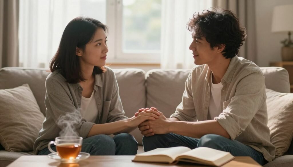 A serene, intimate scene of a couple sitting together on a comfortable couch in a softly lit room. The foreground features a diverse couple, a man and a woman, both in casual, modest clothing, with warm, inviting expressions as they engage with each other. The woman is gently holding the man's hands, conveying understanding and emotional support. In the middle ground, a coffee table with a steaming cup of tea and a few open books adds to the cozy atmosphere. The background shows a softly blurred window with sunlight filtering through sheer curtains, casting a warm glow. The overall mood is one of warmth, empathy, and emotional connection, reflecting the essence of validating feelings and experiencing support in a relationship. A serene, intimate scene of a couple sitting together on a comfortable couch in a softly lit room. The foreground features a diverse couple, a man and a woman, both in casual, modest clothing, with warm, inviting expressions as they engage with each other. The woman is gently holding the man's hands, conveying understanding and emotional support. In the middle ground, a coffee table with a steaming cup of tea and a few open books adds to the cozy atmosphere. The background shows a softly blurred window with sunlight filtering through sheer curtains, casting a warm glow. The overall mood is one of warmth, empathy, and emotional connection, reflecting the essence of validating feelings and experiencing support in a relationship.