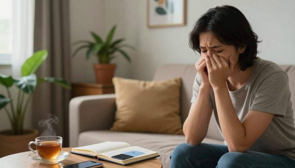 A serene room depicting a thoughtful individual with common symptoms of Borderline Personality Disorder (BPD). In the foreground, a person in modest, casual attire sits on a couch, looking contemplative with a slightly furrowed brow, reflecting emotional turmoil. Their posture suggests anxiety, with hands clasped tightly. In the middle ground, there are various visual aids such as a journal, a smartphone displaying a contact, and a cup of tea, symbolizing coping mechanisms. The background features a softly lit, inviting environment with warm colors, potted plants, and artwork that conveys a sense of introspection. Natural light streams in through a window, creating a gentle contrast between light and shadow, setting a contemplative mood, ideal for the theme of recognizing symptoms. A serene room depicting a thoughtful individual with common symptoms of Borderline Personality Disorder (BPD). In the foreground, a person in modest, casual attire sits on a couch, looking contemplative with a slightly furrowed brow, reflecting emotional turmoil. Their posture suggests anxiety, with hands clasped tightly. In the middle ground, there are various visual aids such as a journal, a smartphone displaying a contact, and a cup of tea, symbolizing coping mechanisms. The background features a softly lit, inviting environment with warm colors, potted plants, and artwork that conveys a sense of introspection. Natural light streams in through a window, creating a gentle contrast between light and shadow, setting a contemplative mood, ideal for the theme of recognizing symptoms.