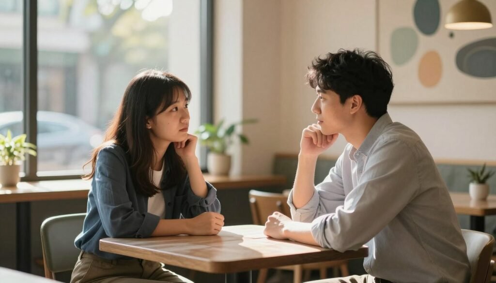 A serene scene capturing the essence of understanding autism in adult relationships. In the foreground, a couple sits at a cozy café table, engaged in a deep conversation. The woman, dressed in smart casual attire, displays signs of empathy and attentiveness, while the man, in a tailored shirt, exhibits a thoughtful expression. In the middle ground, soft natural sunlight filters through the café window, casting gentle shadows and creating a warm, inviting atmosphere. The background features subtle elements like abstract art on the walls and potted plants, symbolizing growth and understanding. The mood is calm and introspective, emphasizing connection and communication in navigating relationships. The image should blend realistic and artistic styles, merging warmth with clarity.