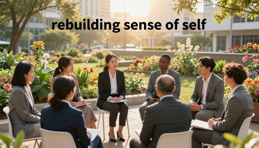 A serene scene illustrating the theme of "rebuilding sense of self." In the foreground, a diverse group of individuals, dressed in professional business attire, engage in a collaborative conversation, reflecting empowerment and support. In the middle ground, vibrant plants and blossoming flowers symbolize personal growth and renewal. The background features a sunlit cityscape, representing opportunity and new beginnings, with soft, golden rays filtering through the trees to create a hopeful atmosphere. The lighting is warm and inviting, casting gentle shadows that enhance the sense of depth. Capture this moment from a slightly elevated angle to encompass the unity and transformation among the individuals, evoking feelings of resilience and self-discovery. A serene scene illustrating the theme of "rebuilding sense of self." In the foreground, a diverse group of individuals, dressed in professional business attire, engage in a collaborative conversation, reflecting empowerment and support. In the middle ground, vibrant plants and blossoming flowers symbolize personal growth and renewal. The background features a sunlit cityscape, representing opportunity and new beginnings, with soft, golden rays filtering through the trees to create a hopeful atmosphere. The lighting is warm and inviting, casting gentle shadows that enhance the sense of depth. Capture this moment from a slightly elevated angle to encompass the unity and transformation among the individuals, evoking feelings of resilience and self-discovery.