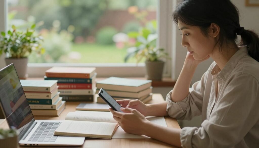 A serene workspace featuring a person sitting at a desk, immersed in a cozy environment. In the foreground, a woman in comfortable, modest casual clothing is scrolling through a digital device, her expression thoughtful and contemplative. The middle ground includes an assortment of colorful books stacked on the desk, some opened, reflecting themes of self-discovery and personal growth. In the background, a softly lit window reveals a tranquil garden scene with green plants and a gentle breeze, symbolizing a fresh start. Warm, diffused natural lighting fills the room, creating a peaceful and reflective atmosphere, inviting viewers to focus on self-improvement away from romantic media. The angle is slightly elevated to capture both the subject and the inviting scene beyond the window. A serene workspace featuring a person sitting at a desk, immersed in a cozy environment. In the foreground, a woman in comfortable, modest casual clothing is scrolling through a digital device, her expression thoughtful and contemplative. The middle ground includes an assortment of colorful books stacked on the desk, some opened, reflecting themes of self-discovery and personal growth. In the background, a softly lit window reveals a tranquil garden scene with green plants and a gentle breeze, symbolizing a fresh start. Warm, diffused natural lighting fills the room, creating a peaceful and reflective atmosphere, inviting viewers to focus on self-improvement away from romantic media. The angle is slightly elevated to capture both the subject and the inviting scene beyond the window.