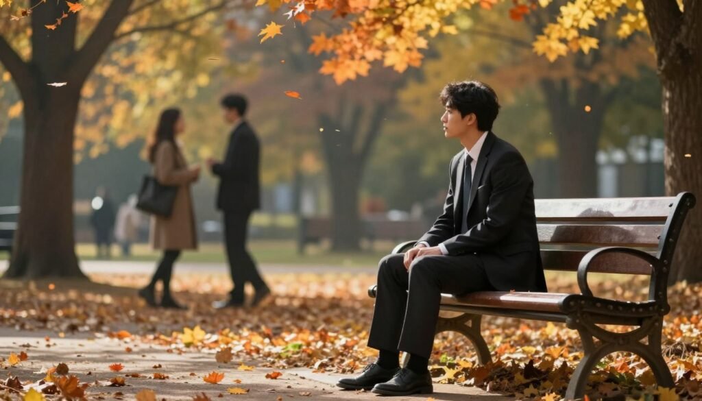 A solitary figure in professional business attire sits on a park bench, gazing pensively at the ground. Their expression reveals a deep sense of longing and introspection, contrasting sharply with vibrant autumn leaves falling around them, casting warm orange and yellow hues. In the background, a blurry silhouette of a couple enjoys a lively conversation, amplifying the feelings of isolation. The sunlight filters through the trees, creating dappled patterns on the ground, evoking a calm yet melancholic atmosphere. The angle captures the figure slightly off-center, enhancing the sense of distance and emotional separation. The overall mood conveys loneliness despite the surrounding warmth of companionship, inviting viewers to ponder the hidden complexities of relationships. A solitary figure in professional business attire sits on a park bench, gazing pensively at the ground. Their expression reveals a deep sense of longing and introspection, contrasting sharply with vibrant autumn leaves falling around them, casting warm orange and yellow hues. In the background, a blurry silhouette of a couple enjoys a lively conversation, amplifying the feelings of isolation. The sunlight filters through the trees, creating dappled patterns on the ground, evoking a calm yet melancholic atmosphere. The angle captures the figure slightly off-center, enhancing the sense of distance and emotional separation. The overall mood conveys loneliness despite the surrounding warmth of companionship, inviting viewers to ponder the hidden complexities of relationships.