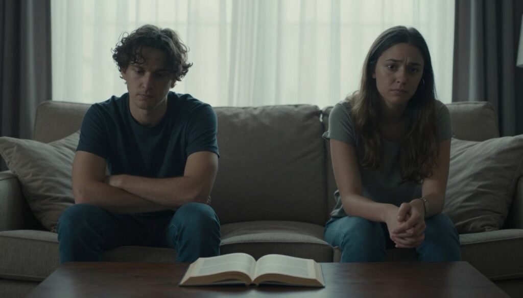 A somber living room scene, foreground featuring a couple seated apart on a comfortable sofa, dressed in modest casual clothing, their body language starkly contrasting—one partner looking withdrawn, with arms crossed, while the other gazes intently but with a hint of sadness. In the middle, an open book lies abandoned on a coffee table, symbolizing a disconnect. Soft, natural light filters through sheer curtains in the background, casting gentle shadows that evoke a sense of stillness and emotional absence. The color palette is muted, with cooler tones predominating, enhancing the feeling of emotional distance. The overall atmosphere conveys a complicated blend of longing and unspoken barriers, reflecting the challenges of intimacy in their relationship. A somber living room scene, foreground featuring a couple seated apart on a comfortable sofa, dressed in modest casual clothing, their body language starkly contrasting—one partner looking withdrawn, with arms crossed, while the other gazes intently but with a hint of sadness. In the middle, an open book lies abandoned on a coffee table, symbolizing a disconnect. Soft, natural light filters through sheer curtains in the background, casting gentle shadows that evoke a sense of stillness and emotional absence. The color palette is muted, with cooler tones predominating, enhancing the feeling of emotional distance. The overall atmosphere conveys a complicated blend of longing and unspoken barriers, reflecting the challenges of intimacy in their relationship.