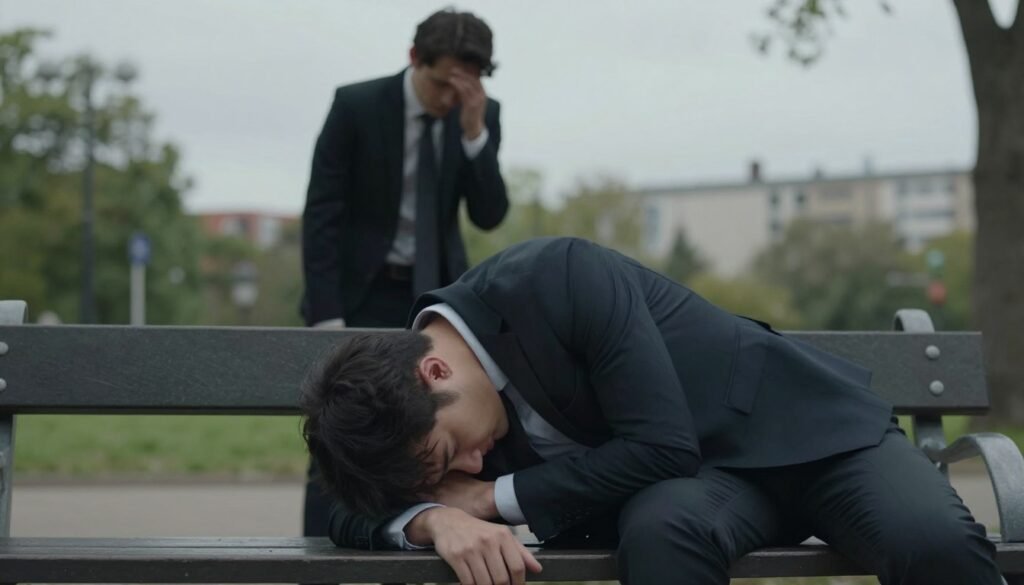 A somber scene showcasing the signs of an emotionally draining person. In the foreground, a weary-looking individual slumps on a park bench, dressed in professional business attire, exuding a sense of exhaustion and heaviness. Their body language is closed off, with slouched shoulders and downcast eyes, subtly illustrating the emotional burden they carry. In the middle ground, a blurred figure stands nearby, appearing overwhelmed and frustrated, symbolizing the weight of their interactions. The background features a muted, urban park landscape, with overcast skies to enhance the mood of despair and heaviness. Use soft, diffused lighting to create an atmosphere of introspection, focusing on the emotional fatigue present in the scene. Capture this with a slightly tilted angle to evoke tension and unease.