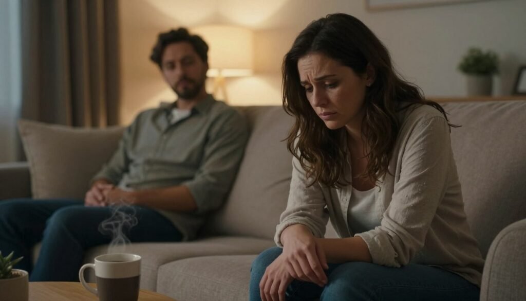 A somber woman sitting on a comfortable couch in a softly lit living room, her expression reflecting deep contemplation and sadness. She wears casual, modest clothing, looking down with her hands clasped in her lap, conveying a sense of isolation despite being in a good relationship. In the foreground, a steaming coffee mug rests on a side table, symbolizing warmth that contrasts her emotional distance. The middle ground features a supportive partner in the background, looking concerned, but slightly out of focus, emphasizing the disconnect between them. A warm, inviting glow from a nearby lamp adds depth, while shadows play subtly around the room, creating an atmosphere of introspection and emotional complexity. The overall mood is one of quiet contemplation, highlighting the internal struggle of feeling unhappy in a seemingly good relationship. A somber woman sitting on a comfortable couch in a softly lit living room, her expression reflecting deep contemplation and sadness. She wears casual, modest clothing, looking down with her hands clasped in her lap, conveying a sense of isolation despite being in a good relationship. In the foreground, a steaming coffee mug rests on a side table, symbolizing warmth that contrasts her emotional distance. The middle ground features a supportive partner in the background, looking concerned, but slightly out of focus, emphasizing the disconnect between them. A warm, inviting glow from a nearby lamp adds depth, while shadows play subtly around the room, creating an atmosphere of introspection and emotional complexity. The overall mood is one of quiet contemplation, highlighting the internal struggle of feeling unhappy in a seemingly good relationship.
