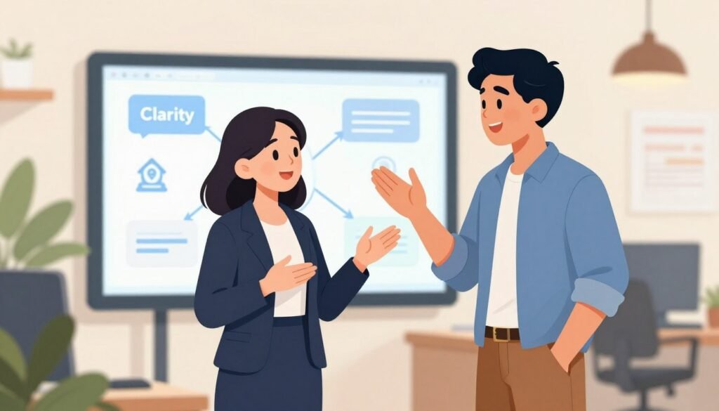 A vibrant and engaging cartoon illustration depicting two diverse characters engaged in clear communication in a modern workspace. In the foreground, a woman in professional business attire and a man in smart casual clothing stand face to face, animatedly discussing ideas, with expressive body language and facial expressions conveying openness and understanding. In the middle ground, a large digital screen displays flowing graphics representing concepts like clarity, connection, and expression, emphasizing the importance of effective communication. The background features a bright, inviting office environment with plants and a soft color palette, illuminated by warm, natural light. The overall mood is positive and interactive, illustrating the mastery of communication in a constructive and professional setting. A vibrant and engaging cartoon illustration depicting two diverse characters engaged in clear communication in a modern workspace. In the foreground, a woman in professional business attire and a man in smart casual clothing stand face to face, animatedly discussing ideas, with expressive body language and facial expressions conveying openness and understanding. In the middle ground, a large digital screen displays flowing graphics representing concepts like clarity, connection, and expression, emphasizing the importance of effective communication. The background features a bright, inviting office environment with plants and a soft color palette, illuminated by warm, natural light. The overall mood is positive and interactive, illustrating the mastery of communication in a constructive and professional setting.