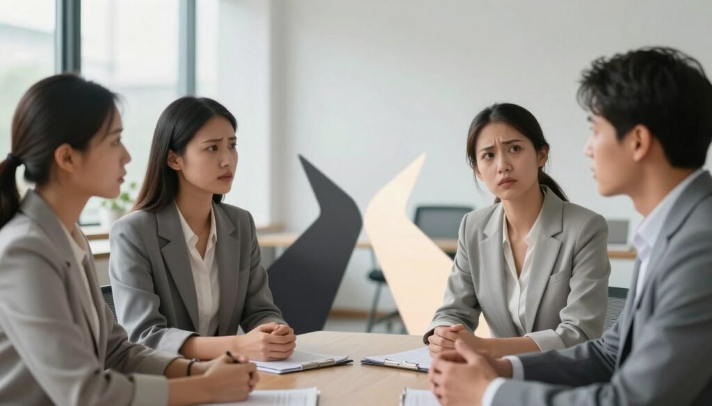 A visually compelling scene illustrating the concept of recognizing conflict versus abuse. In the foreground, a diverse group of three professionals, two women and one man dressed in modest business attire, engage in a serious discussion. Their expressions convey a mix of concern and determination, symbolizing conflict resolution. In the middle ground, a subtle representation of two paths diverging; one side adorned with dark shadows suggesting a looming threat, while the other side is well-lit and open, symbolizing communication and understanding. The background features a serene office environment with soft natural light filtering through large windows, enhancing a reflective and thoughtful atmosphere. The overall mood is tense but hopeful, inviting viewers to contemplate the nuances between conflict and abuse in relationships. A visually compelling scene illustrating the concept of recognizing conflict versus abuse. In the foreground, a diverse group of three professionals, two women and one man dressed in modest business attire, engage in a serious discussion. Their expressions convey a mix of concern and determination, symbolizing conflict resolution. In the middle ground, a subtle representation of two paths diverging; one side adorned with dark shadows suggesting a looming threat, while the other side is well-lit and open, symbolizing communication and understanding. The background features a serene office environment with soft natural light filtering through large windows, enhancing a reflective and thoughtful atmosphere. The overall mood is tense but hopeful, inviting viewers to contemplate the nuances between conflict and abuse in relationships.