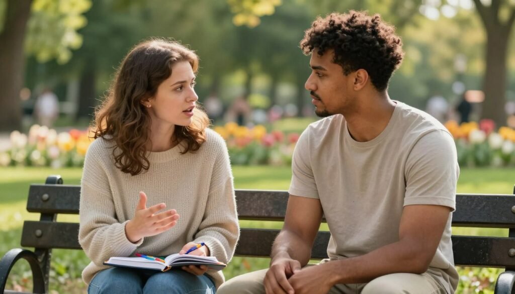 A warm and inviting scene depicting a neurodiverse couple engaged in a thoughtful conversation. In the foreground, a man and woman sitting closely on a park bench, both wearing modest, casual attire—she in a cozy sweater and he in a simple t-shirt. The woman is animatedly expressing her thoughts, with an open notebook and colorful pens beside her, while the man listens attentively, reflecting understanding and support. In the middle background, a lush green park setting with blooming flowers and soft sunlight filtering through the leaves creates a serene atmosphere. The lighting is gentle, casting a soft glow on their faces, enhancing the emotional connection between them. The overall mood is warm and supportive, emphasizing communication and understanding in a neurodiverse relationship.