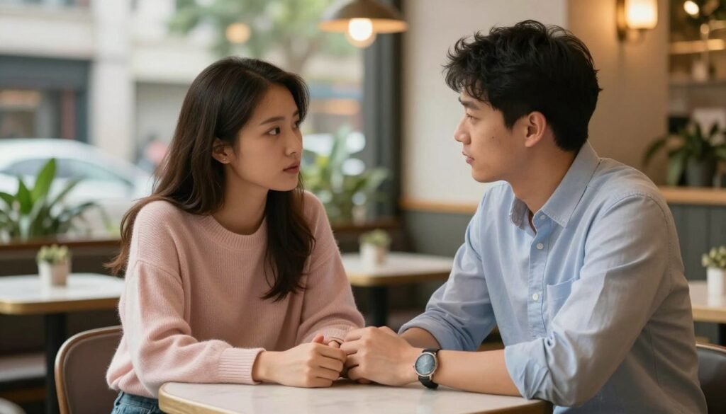 A warm, intimate scene showcasing a couple engaged in a heartfelt conversation, conveying the complexities of a relationship impacted by BPD. In the foreground, the couple sits at a small café table, both wearing modest yet stylish attire—the woman in a soft pastel sweater and the man in a smart casual button-up shirt. Their expressions reflect deep empathy and understanding, revealing the emotional depth of their connection. In the middle background, soft lighting casts a warm glow over the scene, accentuating a relaxed atmosphere, while gentle greenery and urban elements hint at a bustling city life. The overall mood is contemplative yet hopeful, symbolizing the challenges and joys of navigating love and mental health together. The image captures the essence of compassion, understanding, and resilience in relationships. A warm, intimate scene showcasing a couple engaged in a heartfelt conversation, conveying the complexities of a relationship impacted by BPD. In the foreground, the couple sits at a small café table, both wearing modest yet stylish attire—the woman in a soft pastel sweater and the man in a smart casual button-up shirt. Their expressions reflect deep empathy and understanding, revealing the emotional depth of their connection. In the middle background, soft lighting casts a warm glow over the scene, accentuating a relaxed atmosphere, while gentle greenery and urban elements hint at a bustling city life. The overall mood is contemplative yet hopeful, symbolizing the challenges and joys of navigating love and mental health together. The image captures the essence of compassion, understanding, and resilience in relationships.