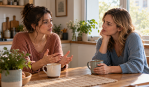 Woman talking with a supportive friend while coping with a breakup.